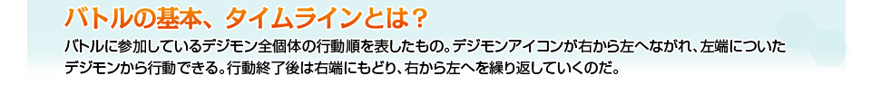 バトルの基本、タイムラインとは？｜バトルに参加しているデジモン全個体の行動順を表したもの。デジモンアイコンが右から左へながれ、左端についたデジモンから行動できる。行動終了後は右端にもどり、右から左へを繰り返していくのだ。