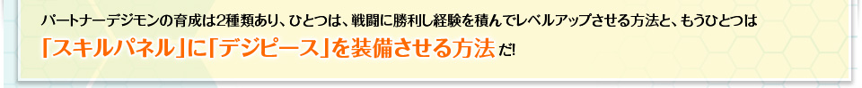 パートナーデジモンの育成は２種類あり、ひとつは、戦闘に勝利し経験を積んでレベルアップさせる方法と、もうひとつは「スキルパネル」に「デジピース」を装備させる方法だ！