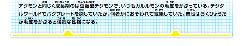 アグモンと同じく成長期のは虫類型デジモンで、いつもガルルモンの毛皮をかぶっている。
デジタルワールドでバグプレートを探していたが、何者かにおそわれて気絶していた。
普段はおくびょうだが毛皮をかぶると強気な性格になる。