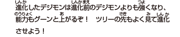 進化したデジモンは進化前のデジモンよりも強くなり、
能力もグーンと上がるぞ！　ツリーの先もよく見て進化
させよう！