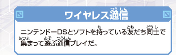 [ワイヤレス通信]
ニンテンドーDSとソフトを持っている友だち同士で
集まって遊ぶ通信プレイだ。