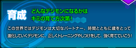 【育成[どんなデジモンになるかはキミの育て方次第！]】この世界ではデジモンは大切なパートナー。時間とともに歳をとって進化していくデジモンに、正しくトレーニングやしつけをして、強く育てていこう！