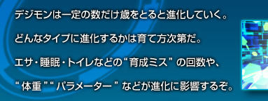 デジモンは一定の数だけ歳をとると進化していく。どんなタイプに進化するかは育て方次第だ。エサ・睡眠・トイレなどの“育成ミス”の回数や、“体重”“パラメーター”などが進化に影響するぞ。