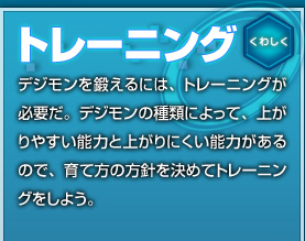 [トレーニング]デジモンを鍛えるには、トレーニングが必要だ。デジモンの種類によって、上がりやすい能力と上がりにくい能力があるので、育て方の方針を決めてトレーニングをしよう。