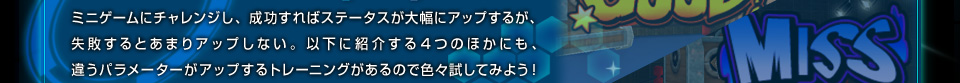 ミニゲームにチャレンジし、成功すればステータスが大幅にアップするが、失敗するとあまりアップしない。以下に紹介する４つのほかにも、違うパラメーターがアップするトレーニングがあるので色々試してみよう！